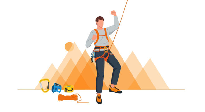 Adventurous Climber Reaching Summit with Mountain Background and Climbing Gear