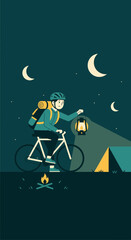 Naklejka premium Adventurous Cyclist Navigates Night Terrain With Lantern Near Campsite