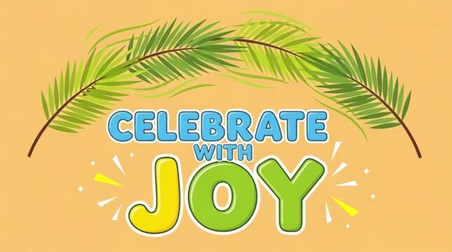Cartoon palm branches on a flat poster in the manner of a children's ministry with the words "Celebrate with Joy"