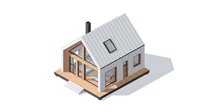 A modern house with a gray roof and wooden deck is shown in an isometric vector illustration.