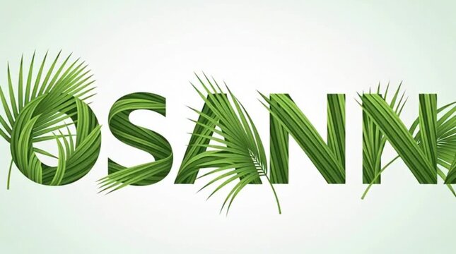 Clean typographic focus poster, large word &ldquo;Hosanna&rdquo; with palm leaves integrated into letters