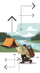 Fototapeta premium Adventurous Explorer Navigates Wilderness With Map And Tent