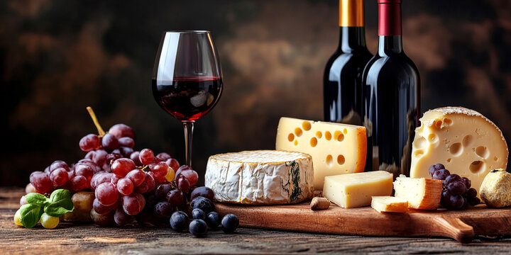 A sophisticated scene with red wine, grapes, and cheeses