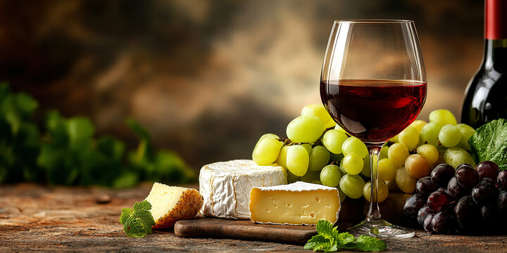 A sophisticated scene with red wine, grapes, and cheeses