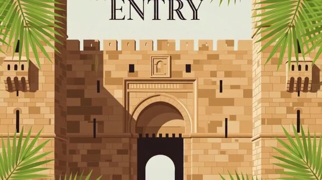 Flat vector of city gates (Jerusalem-inspired), palm leaves overlay, headline &ldquo;Triumphal Entry&rdquo;