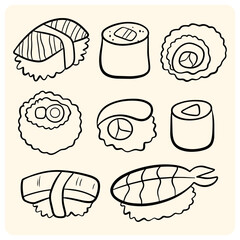 Japanese sushi and sashimi roll collection doodle line art © Pukskup