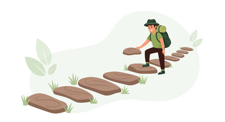 Fototapeta premium Adventurous Hiker Ascends Stepping Stone Path