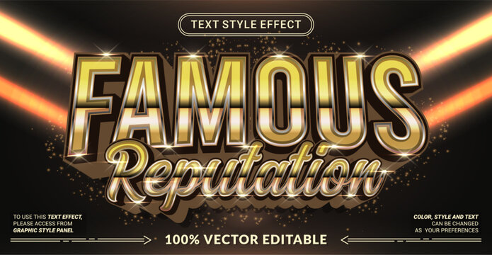 Editable text effect vector &ldquo;Famous Reputation&rdquo; features bold 3D gold lettering with a luxurious and majestic style, perfect for premium branding, awards, and elite titles.
