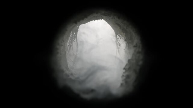 Cave filled with fog slowly revealing a crucifix in the opening of the empty tomb. Symbolic of the resurrection of Jesus Christ. Good Friday, He is Risen concept. Symbolizing faith or god in heaven.