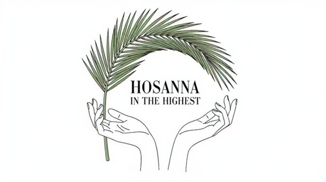 Minimal vector illustration of hands holding palm branches, centered text &ldquo;Hosanna in the Highest&rdquo;, elegant serif typography