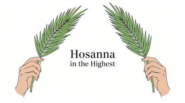 Elegant serif style, centered words "Hosanna in the Highest," and a simple vector picture of hands clutching palm branches