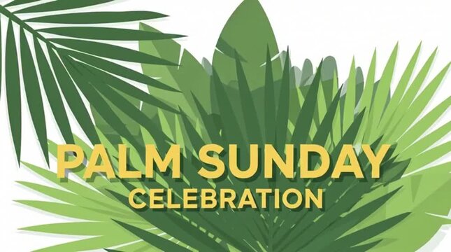 Bold sans-serif "Palm Sunday Celebration," stacked palm leaves, and a contemporary flat banner