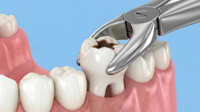 High-quality Dental tooth extraction procedure 3D medical animation, forceps removing decayed molar