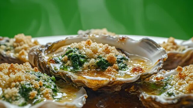Delicious Oyster Rockefeller Dish With Toasted Breadcrumbs And Greens Served Hot With Steam Rising In A Close Up Cinematic Food Commercial Shot