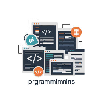 A collection of computer code windows and programming icons, representing software development and coding.