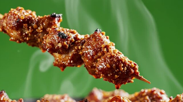 Deliciously Grilled Lamb Suya Skewer with Rich Peanut Coating and Savory Spices Rising Smoke Against a Vibrant Green Background