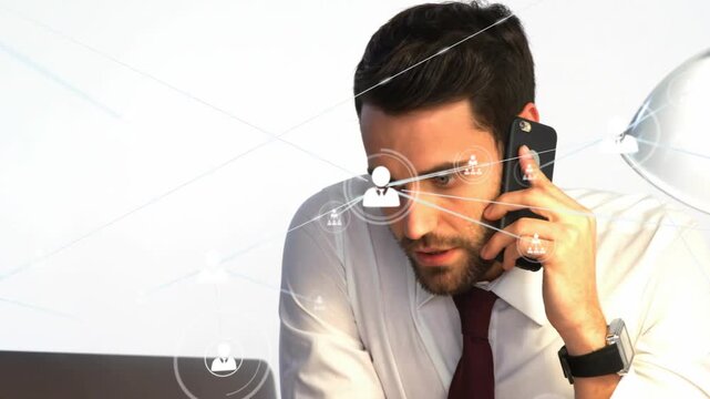Man receiving business call and checking laptop, handling phone while network icons covering torso