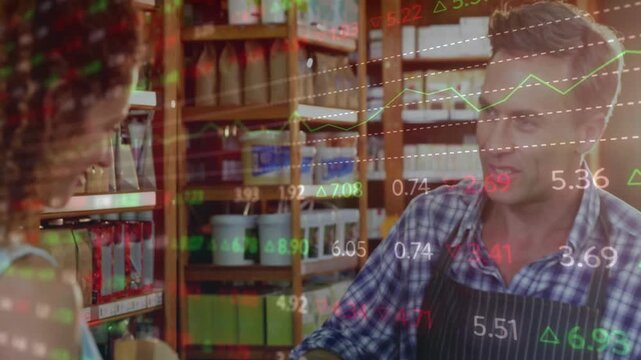 Shopkeeper handing bread after customer request while wrapping sale, stock tickers overlaying scene