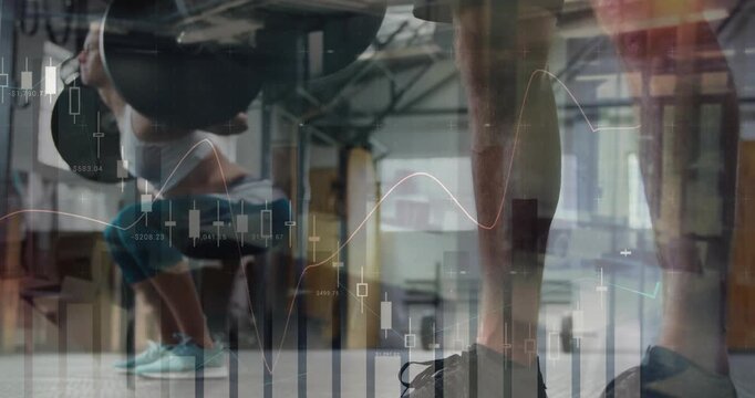 Vertical video: Cam focusing on bar urging man in shorts lifting, woman sportsbra squatting, chart
