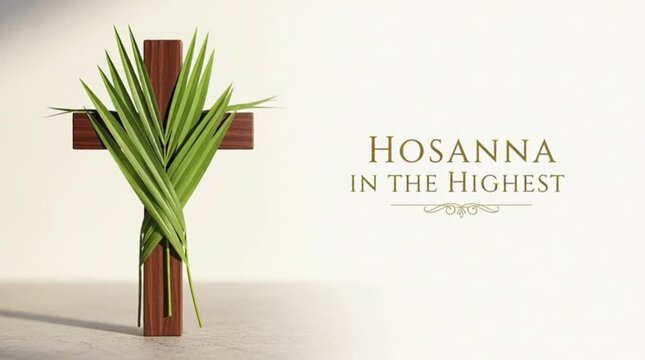 Elegant typography "Hosanna in the Highest" and a simple cross covered in palm leaves