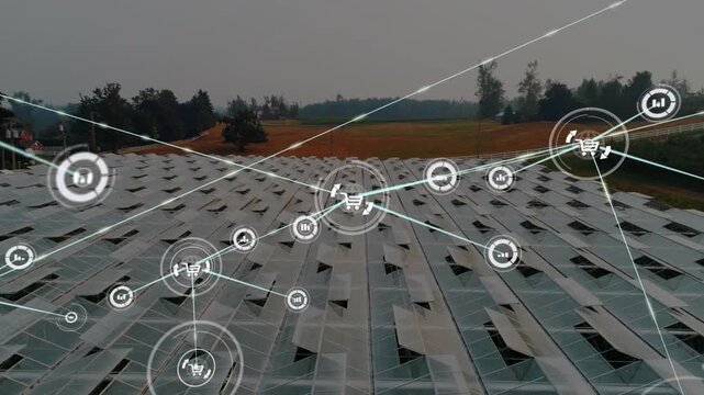 Solar farm staying static as HUD icon popping, seeding nodes making mesh showing energy over panels