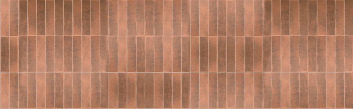Soft terracotta vertical tile panoramic texture, muted clay brick wall with light grout.