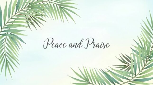 "Peace and Praise" is framed by palm branches in a gentle watercolor-style vector with a soft sky background