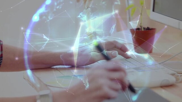 Vertical video: Designer drawing tablet, activating globe overlay, sorting notes for planning