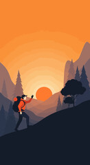 Naklejka premium Adventurous Hiker Reaches Mountain Summit At Golden Sunrise
