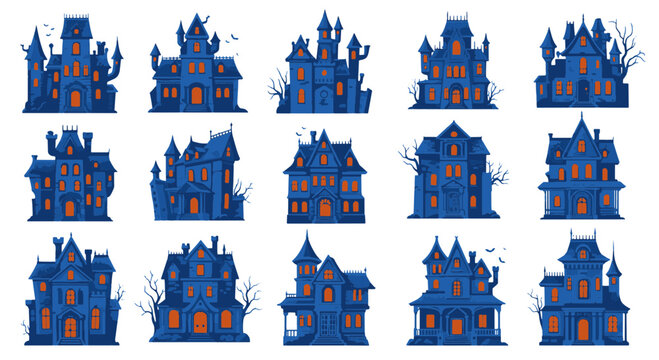 Halloween Haunted Houses Set Blue Orange Gothic Mansions Spooky Night