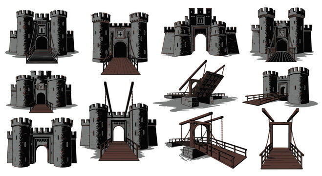 Medieval Castle Gates and Drawbridges Collection Isolated on White Background
