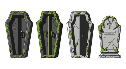 Creepy Stone Coffins and Gravestone with Green Moss Cracked Surface © Choate