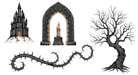 Obraz premium Gothic Castle Arch Tree and Thorn Branch Elements for Spooky Design