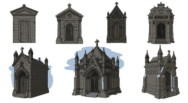 Collection of Ornate Stone Mausoleums and Crypts with Architectural Details