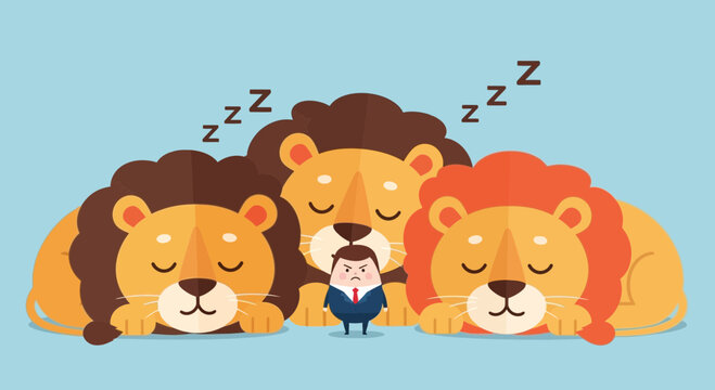 Angry Businessman Surrounded By Sleeping Lions Minimalist Illustration