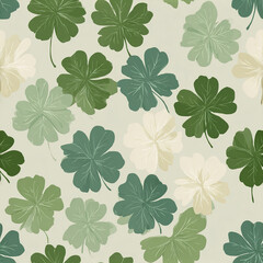 Fototapeta premium Green shamrock leaves pattern with pale cream and various green shades on soft background, creating calm and natural decorative tile design