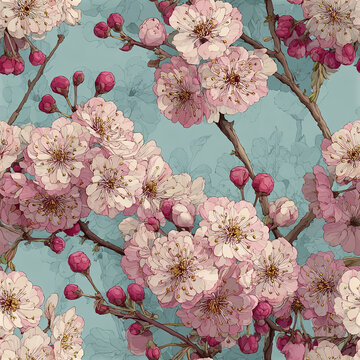 Cherry blossom flower branch seamless pattern with pink petals and buds on blue background, delicate and elegant spring floral design full of soft beauty and calmness