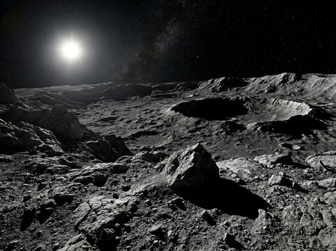 Rocky barren surface of Mercury under intense sunlight with sharp high contrast shadows, showcasing a harsh space environment ideal for science and astronomy visuals