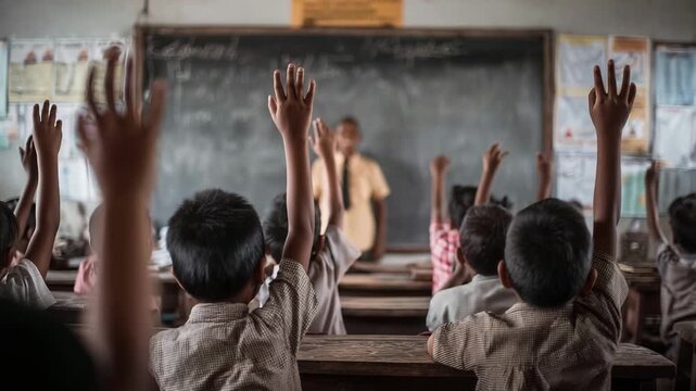 Elementary school student kids raising hands 