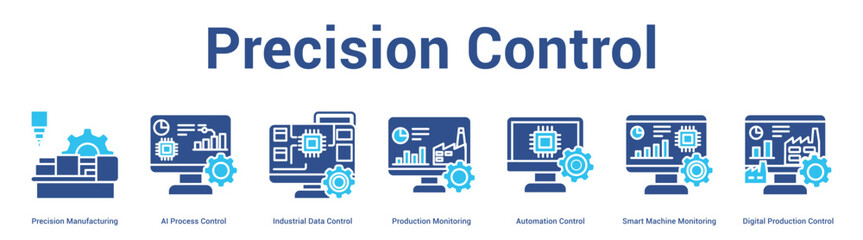 Fototapeta premium Precision Control web banner icon set vector illustration concept for business with icon of Precision Manufacturing, AI Process Control, Industrial Data Control, Production Monitoring, Automat.