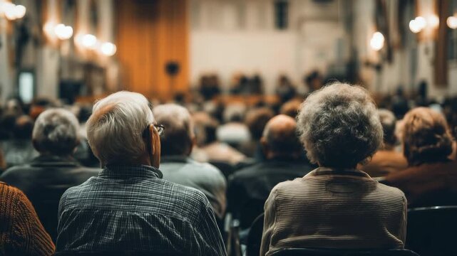 People attending sitting at a town hall meeting