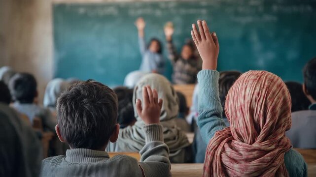 Elementary school student kids raising hands 