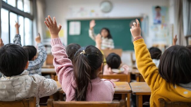 Elementary school student kids raising hands 