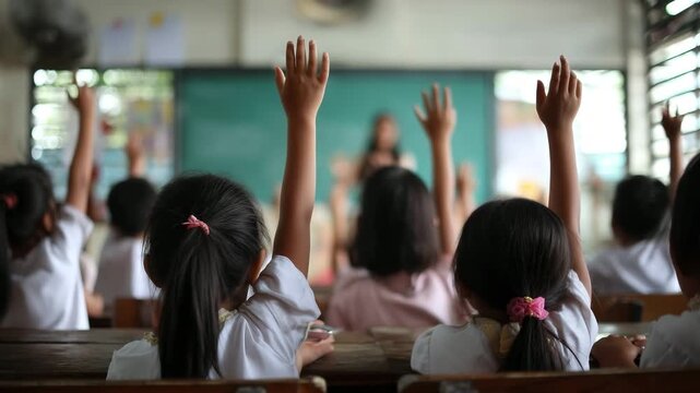 Elementary school student kids raising hands 