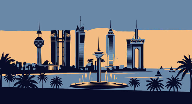 Kuwait City Skyline at Sunset with Famous Landmarks