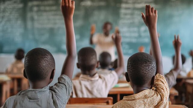 Elementary school student kids raising hands 