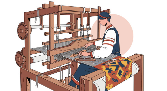 Artisan Crafting Textiles on an Ancient Wooden Loom