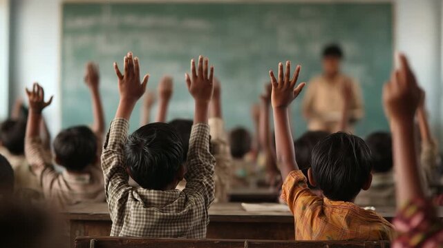 Elementary school student kids raising hands 