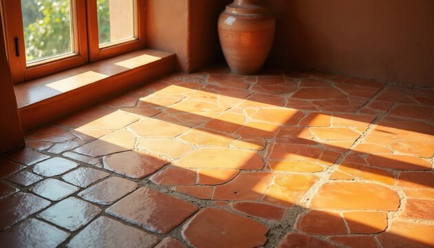 Sunlight streams through window casting geometric shadows on rustic terracotta tile floor. Warm earth tones complement natural light creating cozy ambiance. Decorative vase sits nearby.