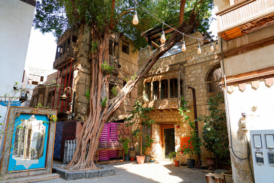 The historic Shargi House and courtyard at Zawiya 97 cultural hub in Al-Balad, the Old Town of Jeddah, Saudi Arabia